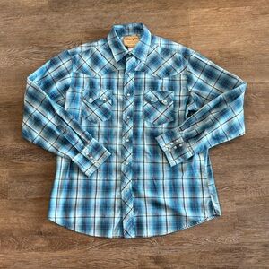 Wrangler Western Plaid Snap Shirt Men’s Size L Blue